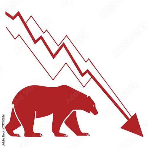 Red bear symbol with falling stock market graph