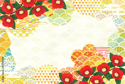 ツバキ　桜　和柄　年賀状　背景	