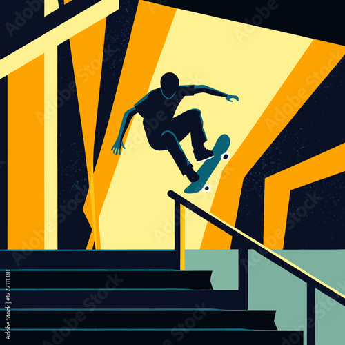 Skateboarder performs abstract geometric graffiti trick mid air