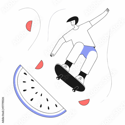 Skateboarder jumps in air with watermelon slice illustration