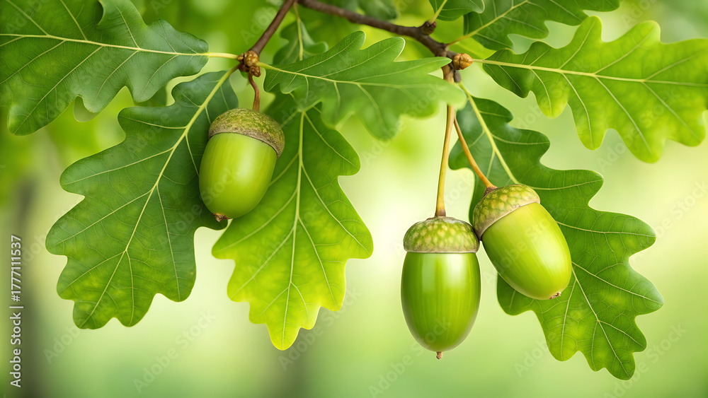 Obraz premium Close up of vibrant green acorns hanging from an oak tree branch with detailed leaves