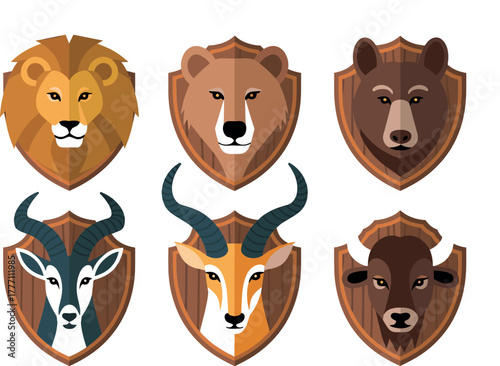 Set of Six Flat Design Wild Animal Trophy Heads Vector Icon Collection
