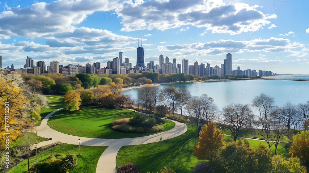 Naklejka premium Green golf course meets city skyline and lake under clear blue sky, aerial summer video with fairways trees and CN Tower view in 4k.