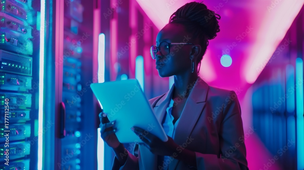 Fototapeta premium Woman in glasses using a tablet in a server room with neon lighting