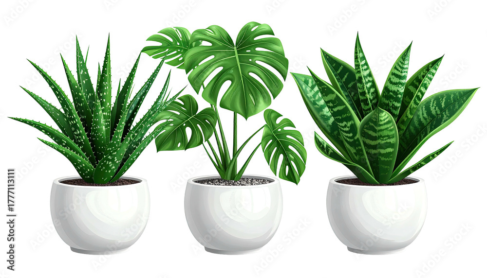 Fototapeta premium Three potted plants, aloe, monstera, and snake plant