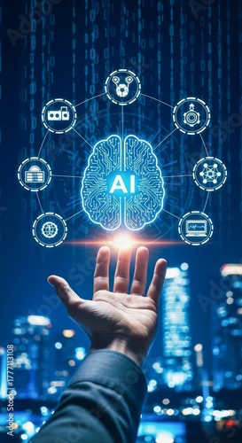 businessman pressing social network icon, AI assistant with LLM, big data, machine learning, and generative AI powers prompt engineering and supports agentic AI for advanced business applications. Vou