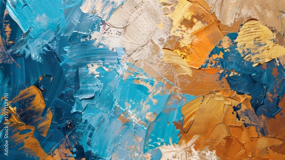 Naklejka premium Abstract painting with dynamic brushstrokes in teal, gold, and beige