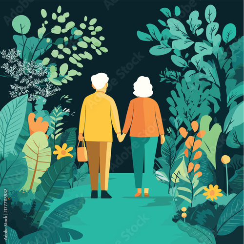 This flat design illustration portrays an elderly couple peacefully enjoying nature in a garden, symbolizing companionship and the therapeutic benefits of the outdoors for seniors