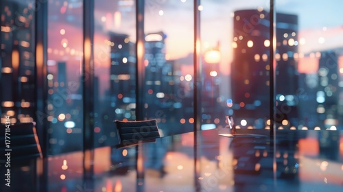 Empty modern office at sunset overlooking city lights