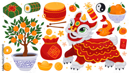 Collection of festive elements for Lunar New Year, Chinese New Year, Tet. Traditional lion or unicorn dance, tangerine tree, red drum, lucky money bag, food, fish, envelope.