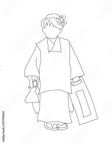 七五三の女の子着物姿 シンプル線画スケッチベクターイラスト背景透過 