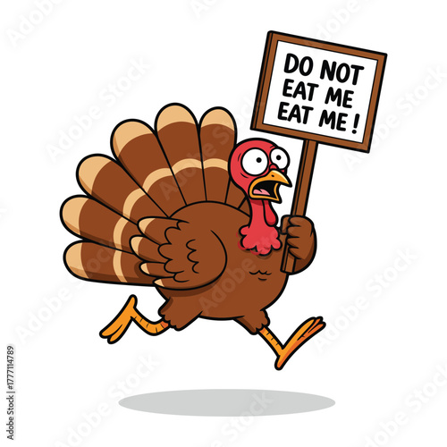 Running Turkey Mascot Holding Funny Sign Thanksgiving Holiday Food