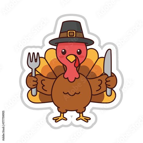 Cute Thanksgiving Turkey Pilgrim Hat Fork Knife Sticker