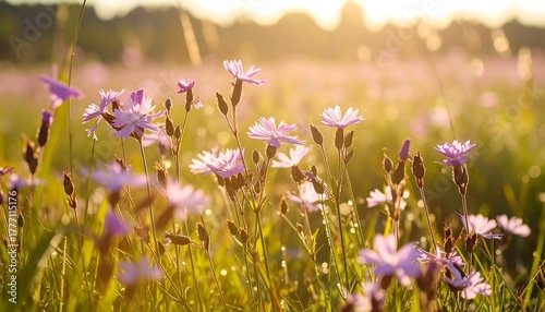Fototapeta Naklejka Na Ścianę i Meble -  Sunlit meadow with numerous delicate pink wildflowers, blurred background
