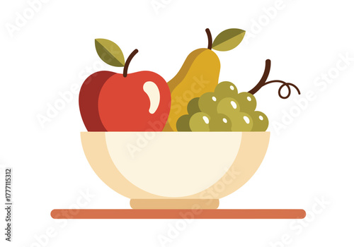 Stylized Fruit Bowl Flat Design Vector Illustration Red Apple Yellow Pear Grapes