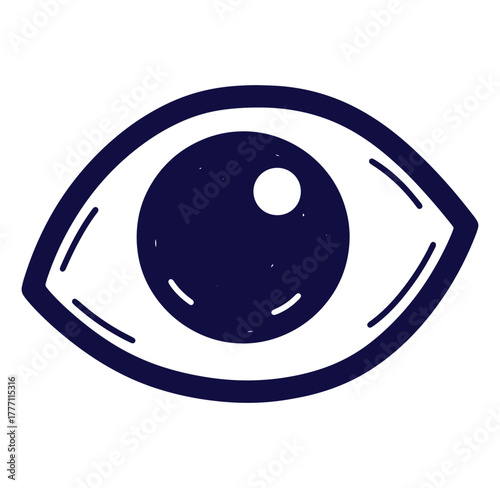Simple drawn eye illustration in navy blue isolated on white background for design