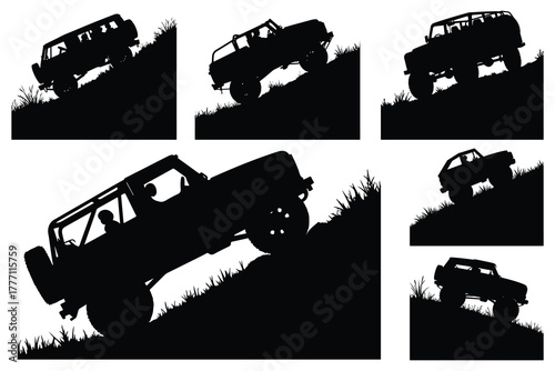 Black silhouette off road vehicles climbing grassy hills
