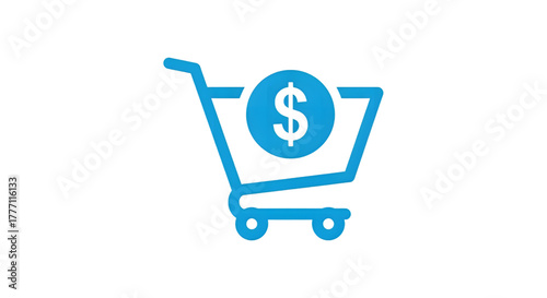 Minimalist shopping cart design with a coin, symbolizing online sales, financial transactions, and smart consumption. (transparent)