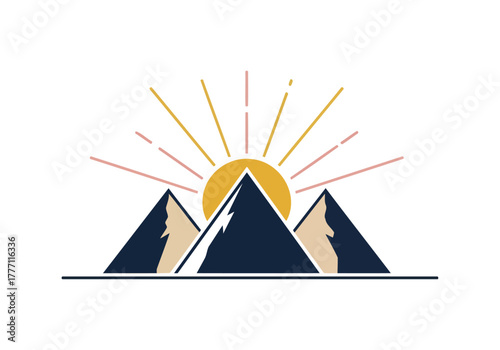 Mountains and sun vector illustration with lines and sunrise