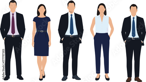 Business people standing illustration, formal attire office team, professional man woman pose, corporate characters clipart, diverse workplace attire design, team vector people