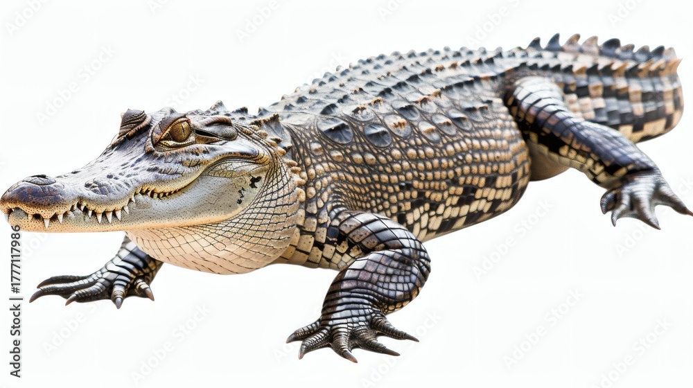 Naklejka premium Young alligator basking in the sun, isolated on white background