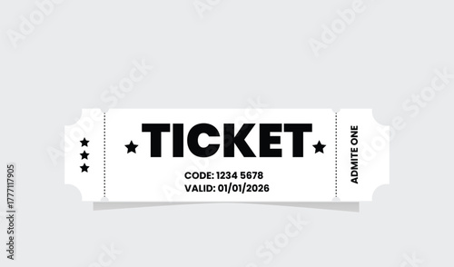White admission ticket with star accents and text