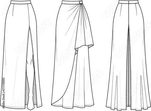 High slit women’s long skirts fashion CAD, draped wrap and flared hem flat vector technical sketch with waistband detail