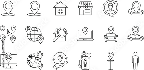 Location icons set, GPS navigation outline, map marker symbols, travel direction, global positioning, destination search, mobile tracking, car, house, people