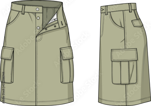 Cad drawing flat vector illustration of khaki cargo skirt with flap pockets, waistband, button fly, and technical fashion design template