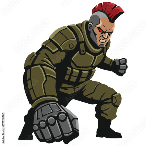 An angry futuristic soldier kneels down in a defensive position, wearing a military green armored suit and a steel hand, preparing to strike. The bold design, perfect for sci-fi illustrations and game