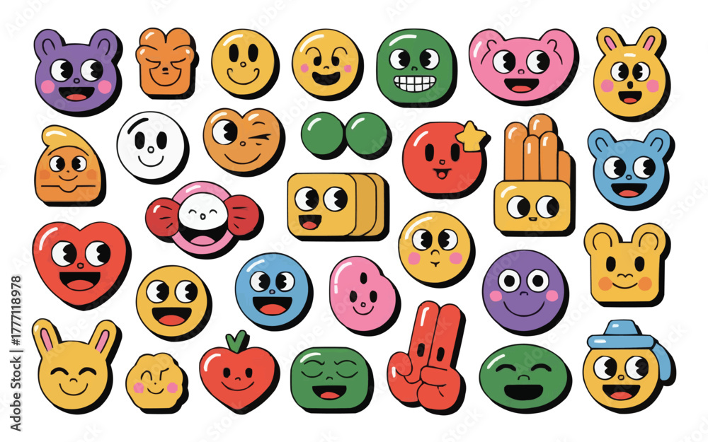 Fototapeta premium Vibrant collection of cheerful, retro-style cartoon characters and emojis bringing playful joy and quirky personality to any design project.