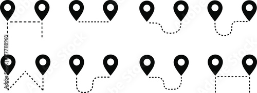 Location icons set, map route symbols, GPS navigation outline, travel direction, destination path, wayfinding, journey, road, trip, connection