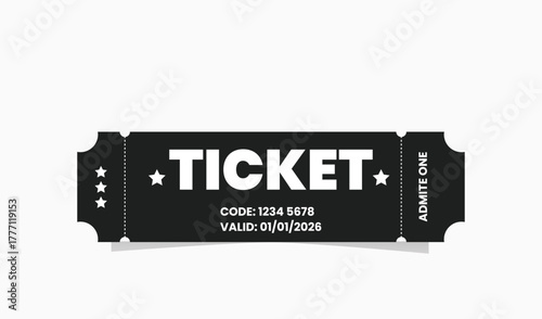 Classic black admit one ticket design with stars and perforated edge