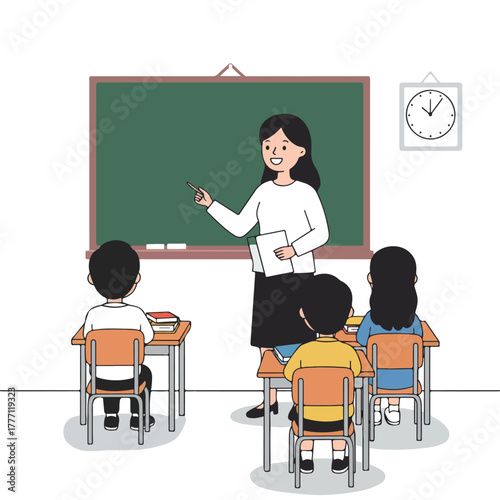 A teacher points at a chalkboard while students sit at desks A clock is on the wall
