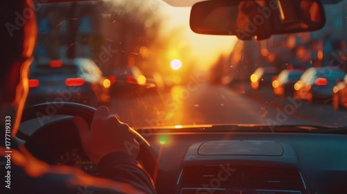 Driving into the sunset: a person's hand grips the steering wheel, the warm glow of the setting sun illuminating the interior of the car.