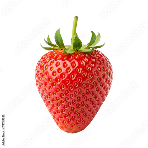 Ripe red strawberry with green leaves and yellow seeds image