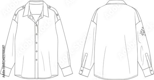 Cad drawing flat vector illustration of long sleeve button-up shirt with epaulets, cuff detail, and classic collar fashion design