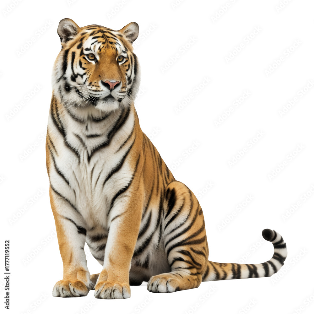 Obraz premium Siberian tiger sitting with tail curled, isolated white background