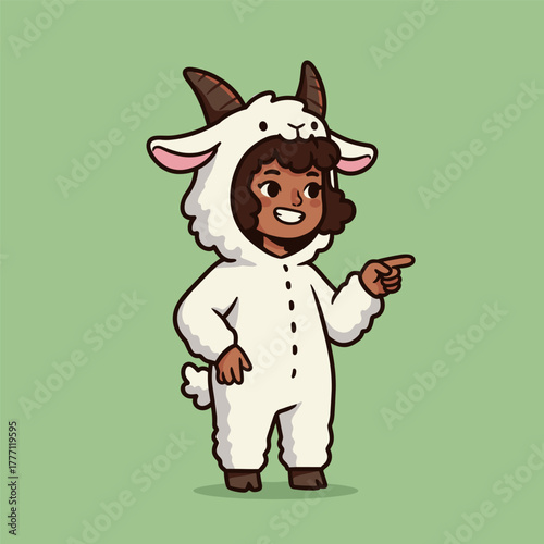 A smiling child wearing a white goat kigurumi costume points right against a solid sage green background.