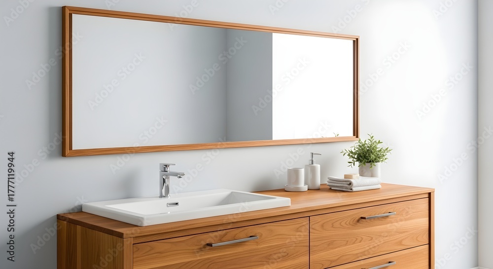 Fototapeta premium Simple Wooden Bathroom Vanity, Framed Mirror Over Sink, Minimalist Interior Design