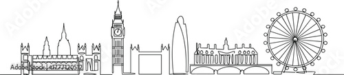 London skyline continuous line art, famous landmarks drawing, Big Ben, London Eye, minimal cityscape sketch, United Kingdom architecture illustration, travel destination vector graphic