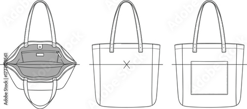 Cad drawing flat vector illustration of stylish leather tote bag design showing front, back, and inside pocket technical view