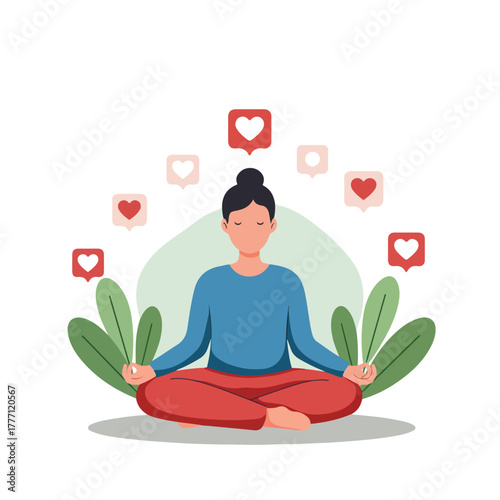 Illustration of a woman in lotus position meditating surrounded by heart icons and foliage