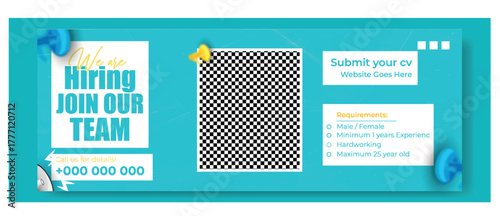 Join our team recruitment advertisement with isometric office illustration and hiring information.
Confident businessman in suit invites you to join our team with benefits listed.