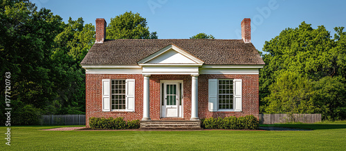 Small classic brick colonial house with columns and front yard, traditional architecture – AI Generative