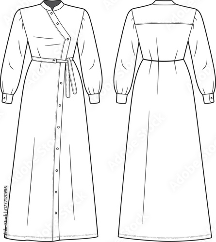 Long belted dress with button closure, puff sleeves, high collar, fashion design, modest wear, elegant style, vector illustration, cad drawing flat vector illustration
