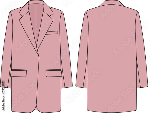 Long blazer technical flat sketch, fashion cad drawing, tailored coat vector, stylish outerwear design for women, apparel illustration front back