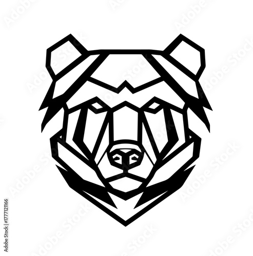 A bold, symmetrical, black-line illustration of a bear's head, crafted from a series of sharp, angular, geometric shapes