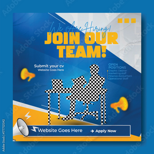 Join our team recruitment advertisement with isometric office illustration and hiring information.
Confident businessman in suit invites you to join our team with benefits listed.