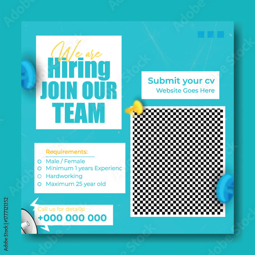 Join our team recruitment advertisement with isometric office illustration and hiring information.
Confident businessman in suit invites you to join our team with benefits listed.